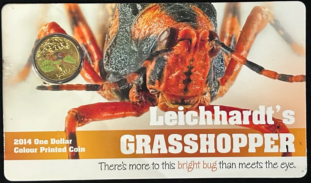 Lot 35 — 2014 $1 Leichhardt’s Grasshopper Coloured Coin (Card Damaged/Stained)