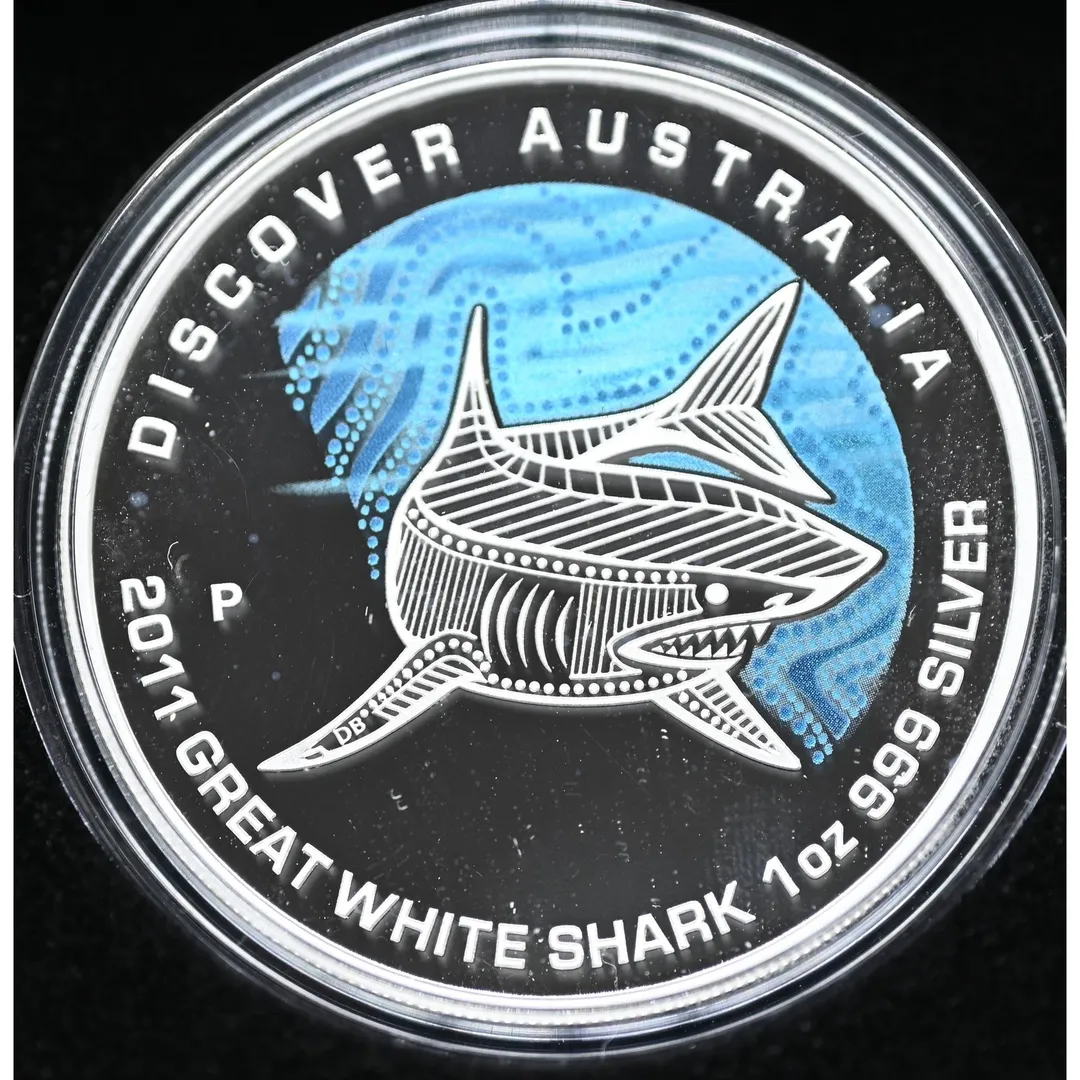 Lot 27 — Discover Australia Series - 2011 Great White Shark 1oz Pure Silver Coloured Proof
