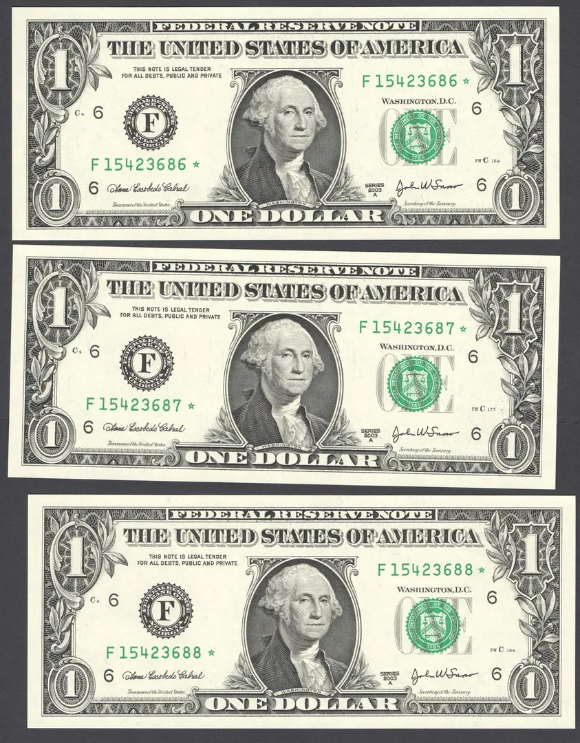 Lot 9 — USA 2003 $1 Consecutive Star Notes – 3 Notes