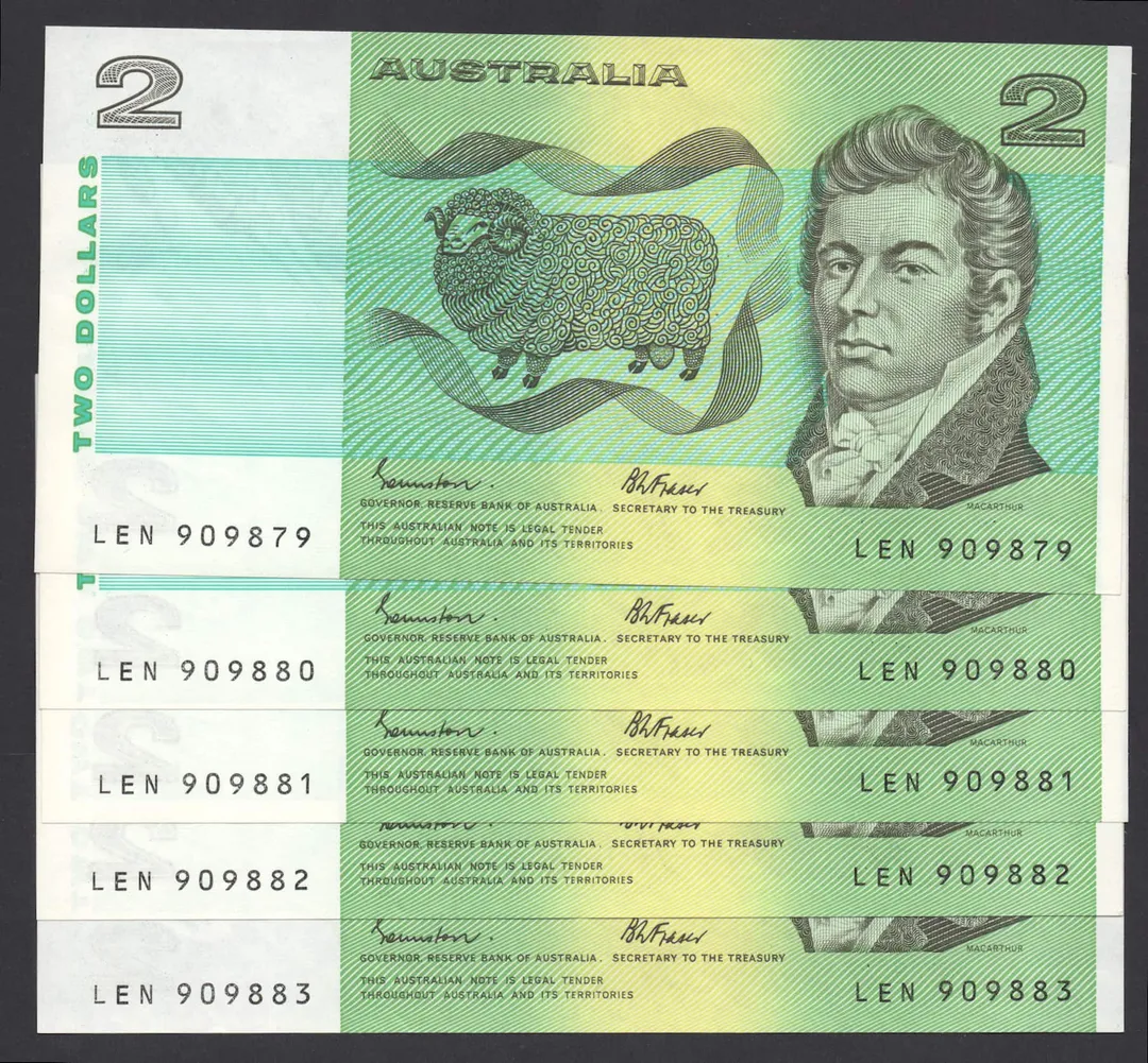 Lot 31 — 1985 $2 Johnston/Fraser General Prefix Run of 5 []