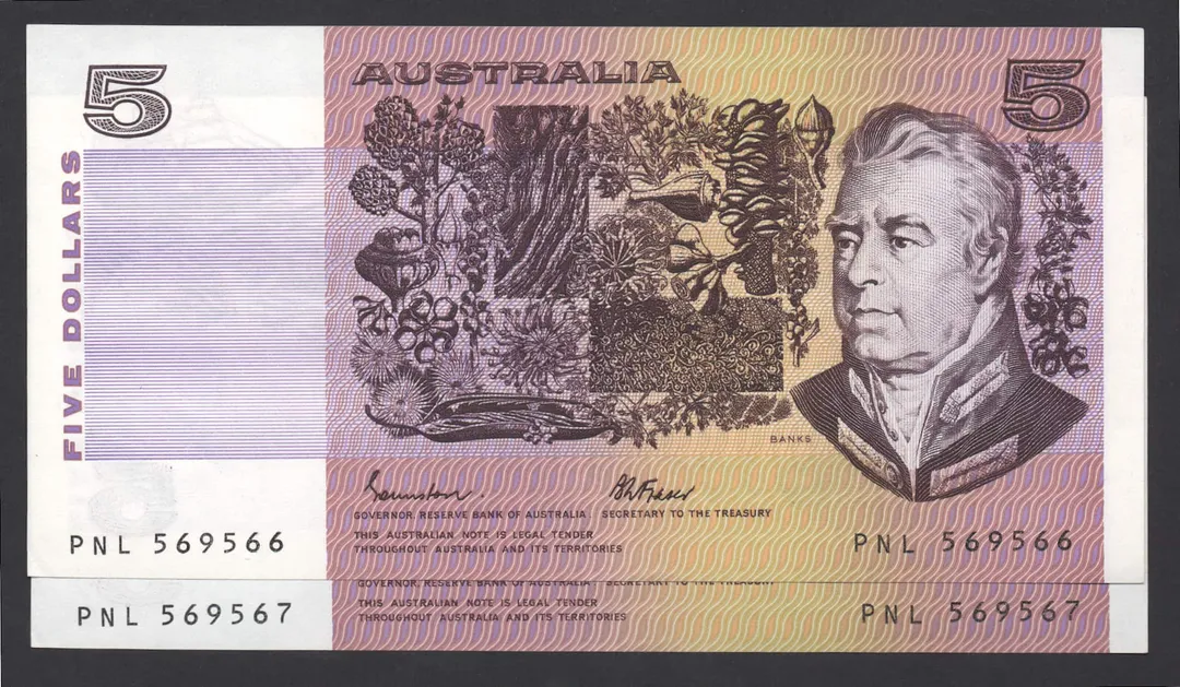 Lot 43 — 1985 $5 Johnston/Fraser OCRB General Prefix Pair []