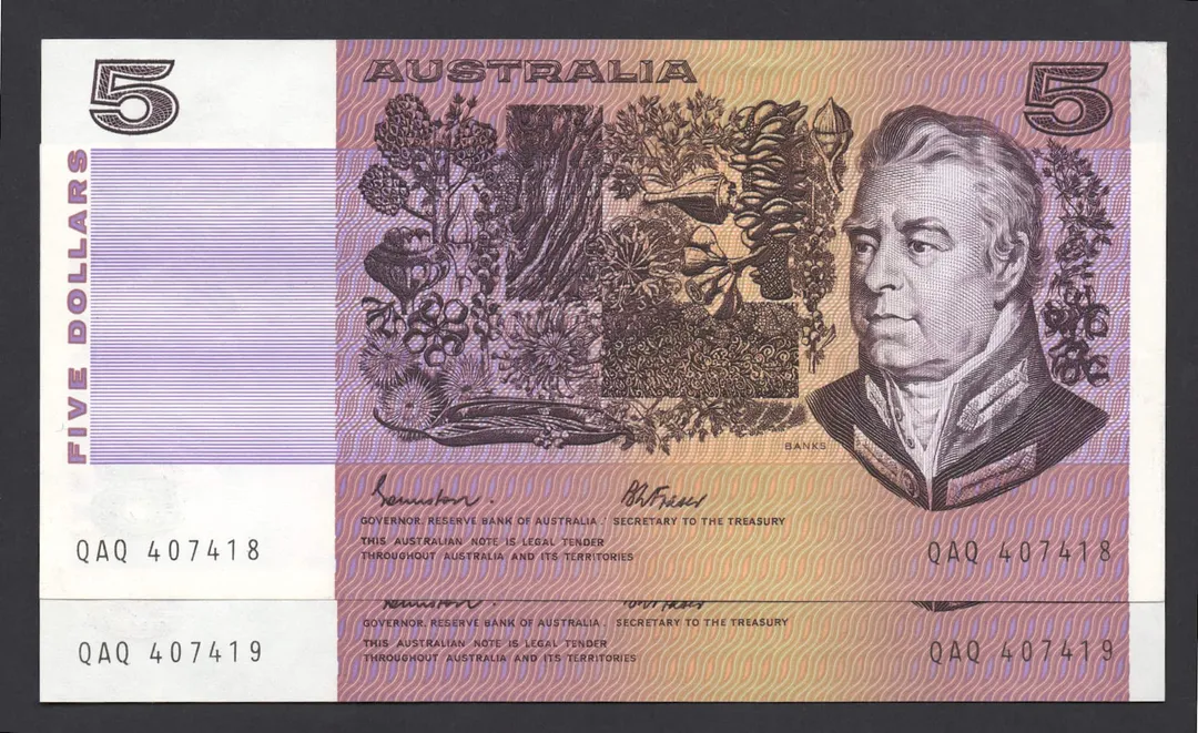 Lot 46 — 1985 $5 Johnston/Fraser Gothic General Prefix Pair []